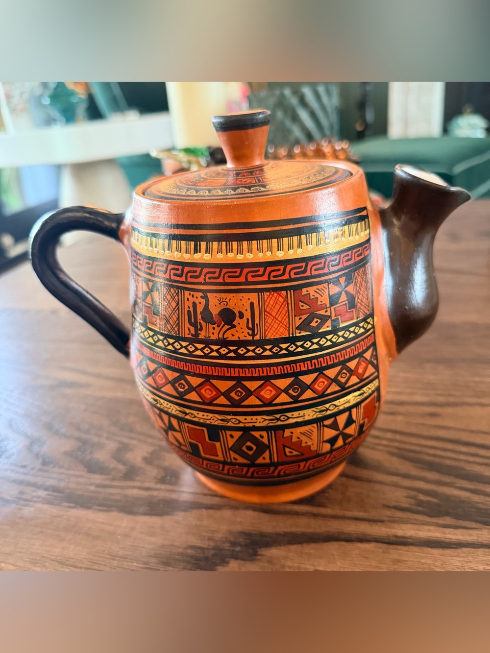 Handcrafted Peruvian Terracotta Patterned Teapot - Signed